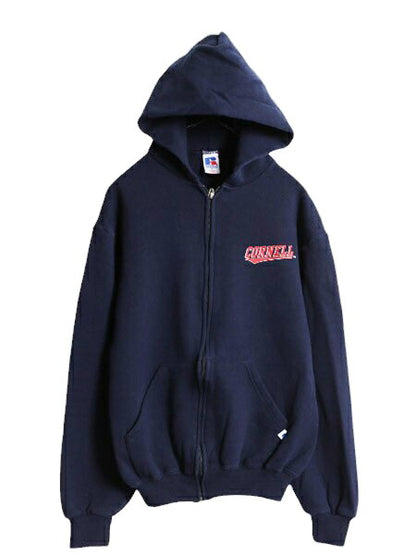 90s ラッセル カレッジ プリント フルジップ スウェット フード パーカー メンズ レディース S 90年代 オールド トレーナー RUSSELL 裏起毛