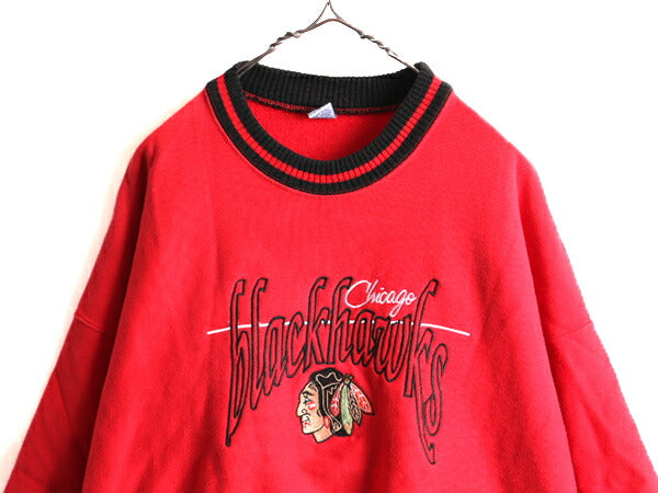 90s USA製 大きいサイズ XL ■ NHL シカゴ ブラックホークス リブライン スウェット トレーナー ( メンズ ) 古着 90年代 ヘビーウェイト 赤