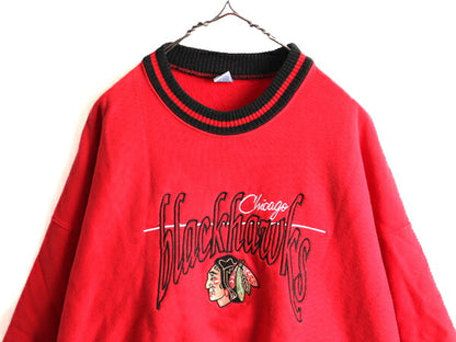 90s USA製 大きいサイズ XL ■ NHL シカゴ ブラックホークス リブライン スウェット トレーナー ( メンズ ) 古着 90年代 ヘビーウェイト 赤