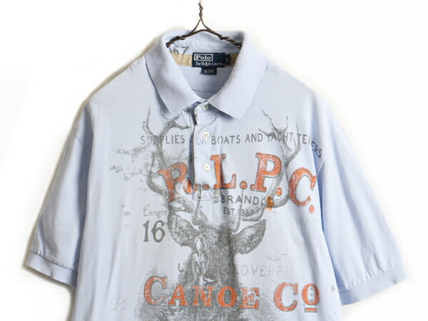 ■ POLO ポロ ラルフローレン 鹿の子 半袖 ポロシャツ ( メンズ L ) 古着 半袖シャツ ポニー刺繍 ハンティング アニマル プリント ボックス