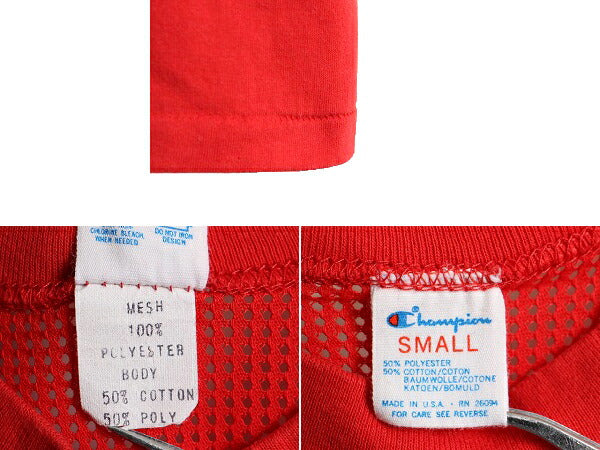 80s USA製 ■ チャンピオン メッシュ 切替 プリント 半袖 Tシャツ ( S メンズ レディース 小さめ XS 程) 古着 80年代 ビンテージ Champion