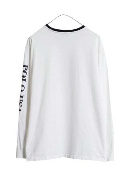 ポロ ラルフローレン プリント 長袖 Tシャツ メンズ L 復刻 ロンT スキー 袖プリント リンガー コットン カットソー クルーネック ホワイト