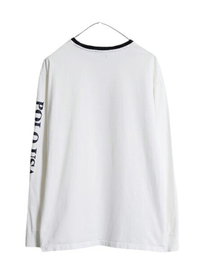 ポロ ラルフローレン プリント 長袖 Tシャツ メンズ L 復刻 ロンT スキー 袖プリント リンガー コットン カットソー クルーネック ホワイト