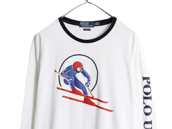 ポロ ラルフローレン プリント 長袖 Tシャツ メンズ L 復刻 ロンT スキー 袖プリント リンガー コットン カットソー クルーネック ホワイト