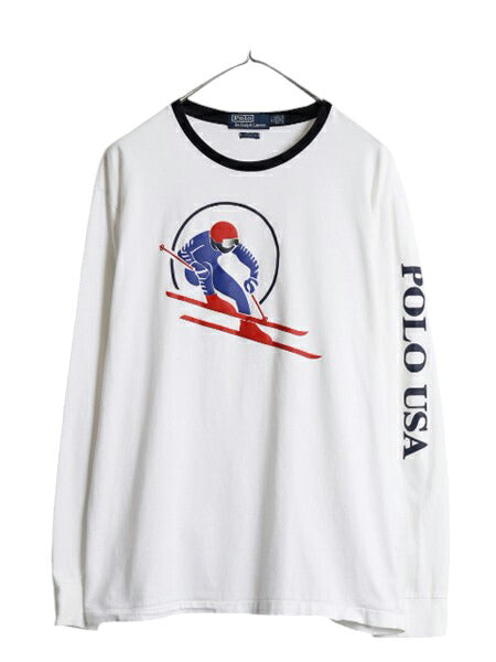 ポロ ラルフローレン プリント 長袖 Tシャツ メンズ L 復刻 ロンT スキー 袖プリント リンガー コットン カットソー クルーネック ホワイト
