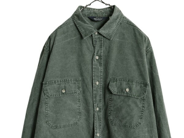 80s ウールリッチ コットン キャンバス 長袖 シャツ メンズ L 古着 80年代 ヴィンテージ Woolrich アウトドア ダック 無地 ポケット付き 緑