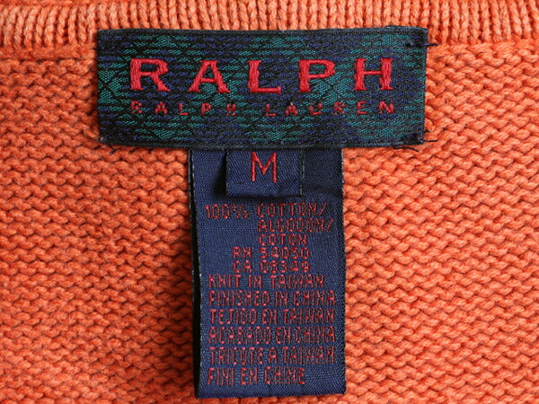 90s ラルフローレン フルジップ コットン ニット パーカー レディース M / 古着 POLO 90年代 オールド ポロ ジップアップ フード オレンジ
