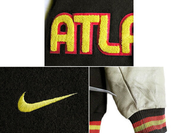 00s ナイキ NBA オフィシャル ホークス 中綿 袖レザー ウール スタジアム ジャンパー メンズ M 古着 TEAM NIKE 本革 スタジャン ジャケット