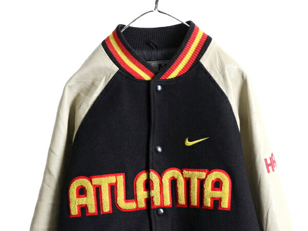 00s ナイキ NBA オフィシャル ホークス 中綿 袖レザー ウール スタジアム ジャンパー メンズ M 古着 TEAM NIKE 本革 スタジャン ジャケット