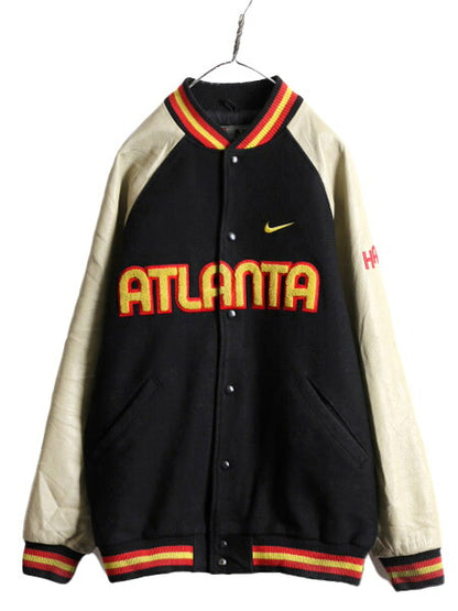 00s ナイキ NBA オフィシャル ホークス 中綿 袖レザー ウール スタジアム ジャンパー メンズ M 古着 TEAM NIKE 本革 スタジャン ジャケット