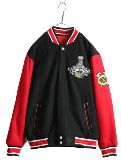 NHL オフィシャル ジェフハミルトン ブラックホークス リバーシブル 中綿 スタジアム ジャンパー メンズ M / スタジャン ウール ナイロン