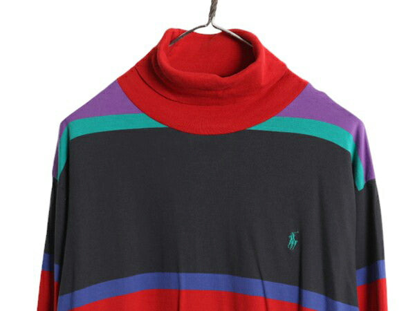 90s ポロ ラルフローレン タートルネック ボーダー 長袖 Tシャツ メンズ XL / 90年代 オールド スムース 素材 ワンポイント マルチカラー