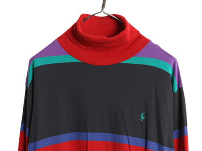 90s ポロ ラルフローレン タートルネック ボーダー 長袖 Tシャツ メンズ XL / 90年代 オールド スムース 素材 ワンポイント マルチカラー