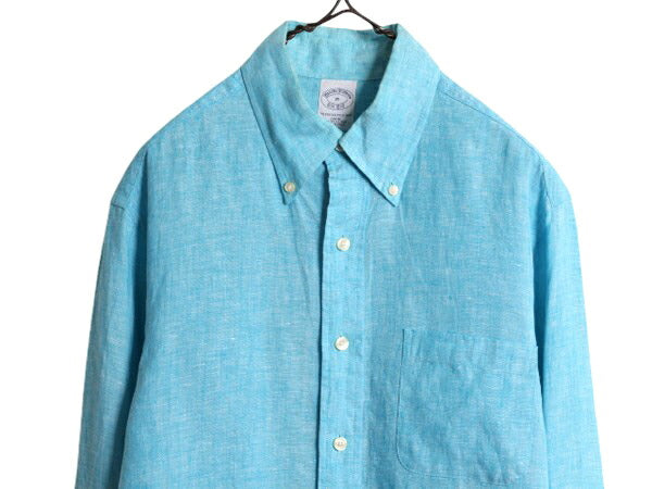 ブルックスブラザーズ 100% アイリッシュ リネン 長袖 ボタンダウン シャツ メンズ M 古着 BROOKS BROTHERS 長袖シャツ ポケット付き 無地