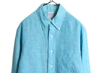 ブルックスブラザーズ 100% アイリッシュ リネン 長袖 ボタンダウン シャツ メンズ M 古着 BROOKS BROTHERS 長袖シャツ ポケット付き 無地