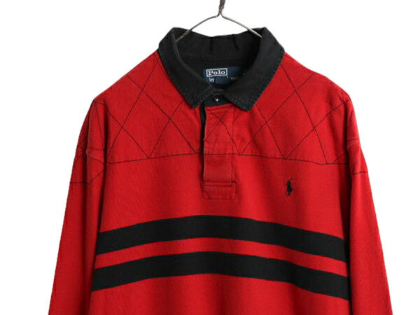 00s ポロ ラルフローレン ボーダー 長袖 ラガーシャツ メンズ XL 00年代 オールド ラグビー 長袖シャツ ヘビーウェイト 大きいサイズ 赤 黒