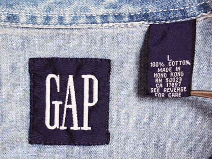 90s OLD GAP 長袖 デニム シャツ メンズ L 古着 オールド ギャップ 長袖シャツ ヘビーウェイト ワーク コットン 無地 ポケット付き 紺タグ