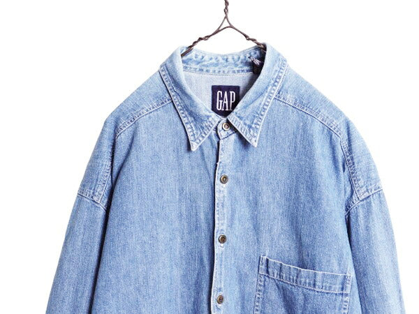 90s OLD GAP 長袖 デニム シャツ メンズ L 古着 オールド ギャップ 長袖シャツ ヘビーウェイト ワーク コットン 無地 ポケット付き 紺タグ