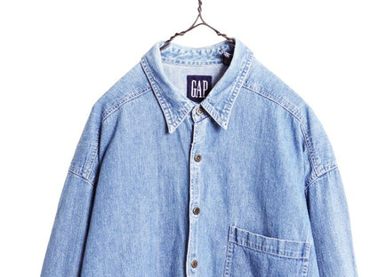 90s OLD GAP 長袖 デニム シャツ メンズ L 古着 オールド ギャップ 長袖シャツ ヘビーウェイト ワーク コットン 無地 ポケット付き 紺タグ