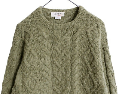 00s 手編み J CREW フィッシャーマン ハンド ニット セーター メンズ S ウール オールド ハンドメイド ジェイクルー ケーブル アラン 厚手