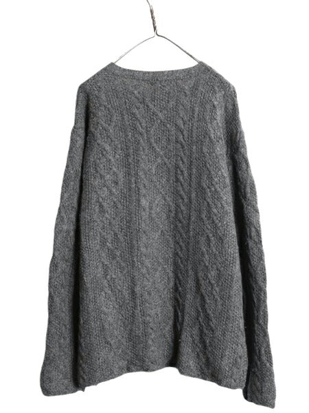 90s J CREW フィッシャーマン ウール ニット セーター メンズ L オールド ジェイクルー アラン ケーブル ローゲージ クルーネック 無地 灰