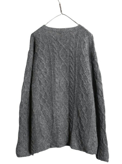 90s J CREW フィッシャーマン ウール ニット セーター メンズ L オールド ジェイクルー アラン ケーブル ローゲージ クルーネック 無地 灰