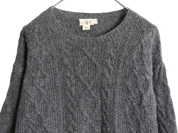 90s J CREW フィッシャーマン ウール ニット セーター メンズ L オールド ジェイクルー アラン ケーブル ローゲージ クルーネック 無地 灰
