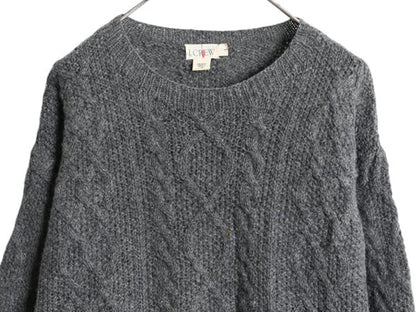 90s J CREW フィッシャーマン ウール ニット セーター メンズ L オールド ジェイクルー アラン ケーブル ローゲージ クルーネック 無地 灰