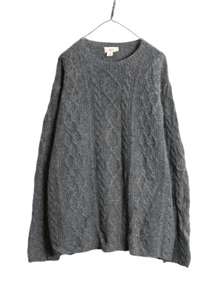 90s J CREW フィッシャーマン ウール ニット セーター メンズ L オールド ジェイクルー アラン ケーブル ローゲージ クルーネック 無地 灰