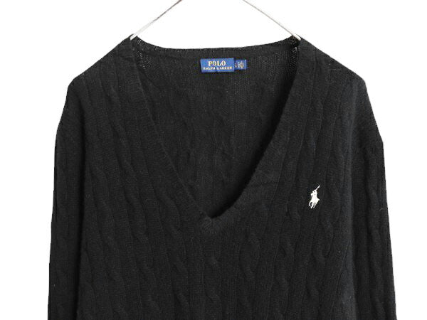 ポロ ラルフローレン Vネック ケーブル ニット セーター レディース XL 古着 カシミヤ メリノ ウール ワンポイント ブラック 大きいサイズ