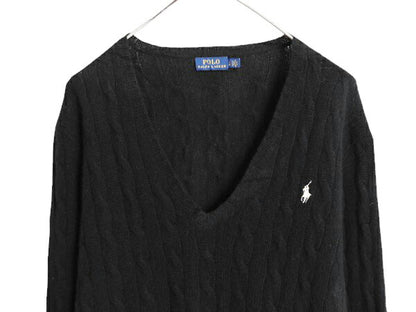 ポロ ラルフローレン Vネック ケーブル ニット セーター レディース XL 古着 カシミヤ メリノ ウール ワンポイント ブラック 大きいサイズ