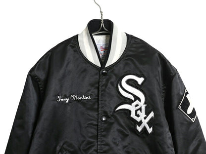90s USA製 ホワイトソックス ナイロン サテン スタジャン メンズ S オールド MLB オフィシャル スターター 中綿 キルティング ライナー 黒