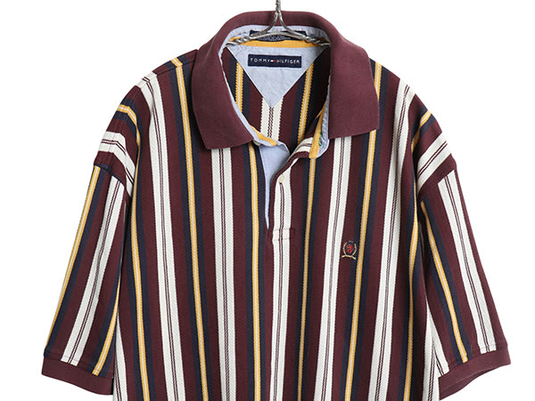 90s トミーヒルフィガー ストライプ 半袖 ポロシャツ メンズ XL 古着 オールド 半袖シャツ コットン カットソー マルチカラー 大きいサイズ