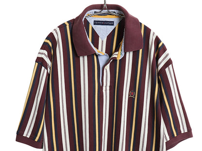 90s トミーヒルフィガー ストライプ 半袖 ポロシャツ メンズ XL 古着 オールド 半袖シャツ コットン カットソー マルチカラー 大きいサイズ
