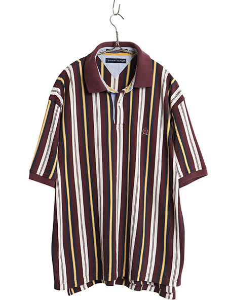 90s トミーヒルフィガー ストライプ 半袖 ポロシャツ メンズ XL 古着 オールド 半袖シャツ コットン カットソー マルチカラー 大きいサイズ