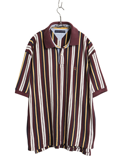 90s トミーヒルフィガー ストライプ 半袖 ポロシャツ メンズ XL 古着 オールド 半袖シャツ コットン カットソー マルチカラー 大きいサイズ
