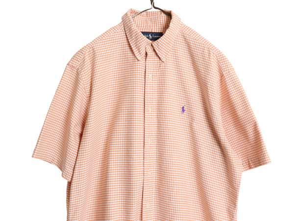 90s ラルフローレン ギンガム チェック 半袖 ボタンダウン シャツ メンズ L オールド ポロ 半袖シャツ オックスフォード コットン オレンジ