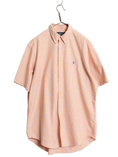 90s ラルフローレン ギンガム チェック 半袖 ボタンダウン シャツ メンズ L オールド ポロ 半袖シャツ オックスフォード コットン オレンジ
