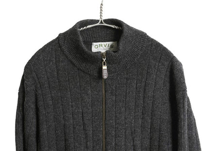 00s オービス フルジップ ニット セーター ジャケット メンズ XL オールド ウール リブ編み カーディガン エルボーパッチ 大きいサイズ 灰