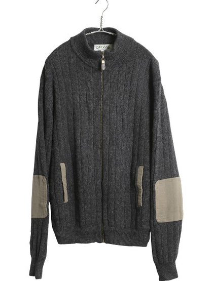 00s オービス フルジップ ニット セーター ジャケット メンズ XL オールド ウール リブ編み カーディガン エルボーパッチ 大きいサイズ 灰
