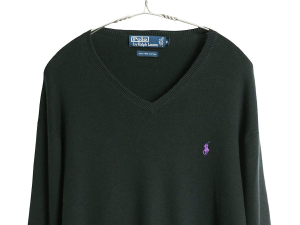 90s ポロ ラルフローレン ニット セーター メンズ XL / オールド 高級 100% ピマ コットン ワンポイント ポニー Vネック 大きいサイズ 黒