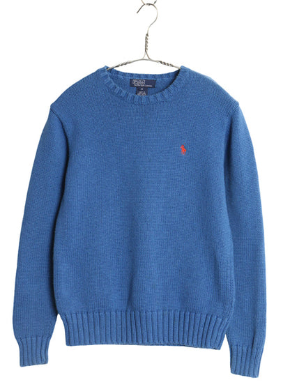 90s ポロ ラルフローレン コットン ニット セーター キッズ M レディース XS 程 古着 オールド クルーネック リブ編み ワンポイント ポニー