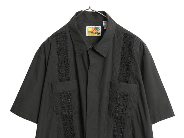 90s 半袖 キューバ シャツ メンズ XL / オールド グアヤベーラ メキシカン ボックス ポケット付き シワになりにくい 大きいサイズ ブラック