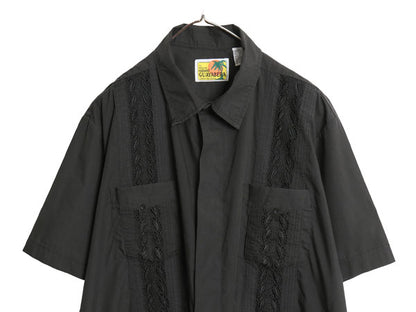 90s 半袖 キューバ シャツ メンズ XL / オールド グアヤベーラ メキシカン ボックス ポケット付き シワになりにくい 大きいサイズ ブラック