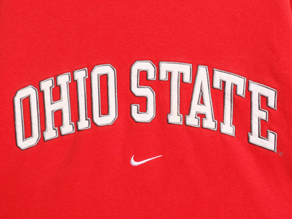 00s ナイキ カレッジ 刺繍 スウェット フード パーカー メンズ L オールド トレーナー スウッシュ プルオーバー 裏起毛 ヘビーウェイト 赤