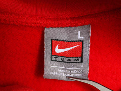 00s ナイキ カレッジ 刺繍 スウェット フード パーカー メンズ L オールド トレーナー スウッシュ プルオーバー 裏起毛 ヘビーウェイト 赤