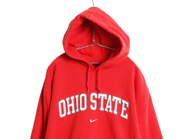 00s ナイキ カレッジ 刺繍 スウェット フード パーカー メンズ L オールド トレーナー スウッシュ プルオーバー 裏起毛 ヘビーウェイト 赤