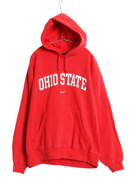 00s ナイキ カレッジ 刺繍 スウェット フード パーカー メンズ L オールド トレーナー スウッシュ プルオーバー 裏起毛 ヘビーウェイト 赤