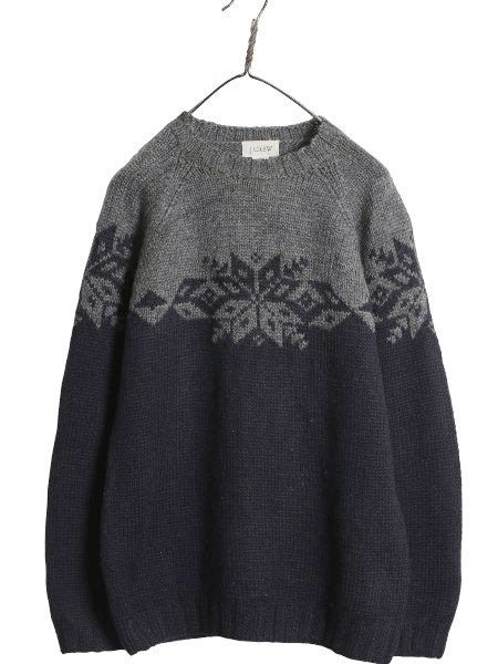 00s ジェイクルー ノルディック ニット セーター メンズ XS 古着 オールド ウール 手編み ハンドメイド ミドルゲージ 総柄 旧タグ ツートン