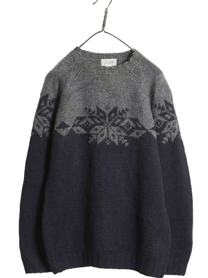 00s ジェイクルー ノルディック ニット セーター メンズ XS 古着 オールド ウール 手編み ハンドメイド ミドルゲージ 総柄 旧タグ ツートン